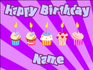 Happy Birthday GIF:Cupcakes for Birthday,purple sunburst background,light blue & purple text