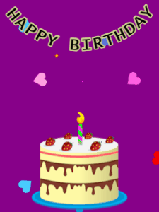 Happy Birthday GIF:Birthday GIF,cream cake,purple background,stars & hearts