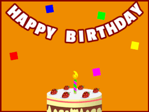 Happy Birthday GIF:A cream cake on orange with red border & falling squares