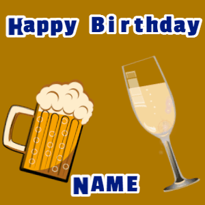 Happy Birthday GIF:Birthday gif, mug & champagne, mix fireworks, cursive text on orange