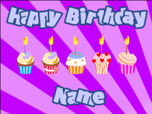 Happy Birthday GIF:Cupcakes for Birthday,purple sunburst background,light blue & navy text