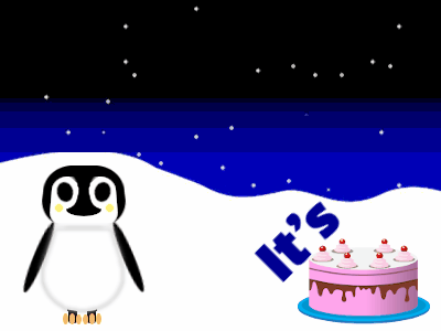 Happy Birthday, birthday-2530 @ Editable GIFs,Penguin: pink cake,blue text,% 3 fireworks