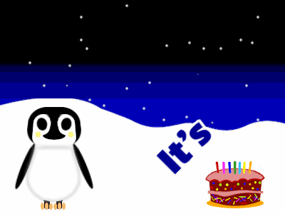 Happy Birthday, birthday-25330 @ Editable GIFs,Penguin: cartoon cake,yellow text,% 3 fireworks