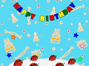 Happy Birthday GIF:cream Cake, flying mix on a blue decor background