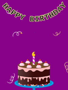Happy Birthday GIF:Birthday GIF,chocolate cake,purple background,hearts & confetti