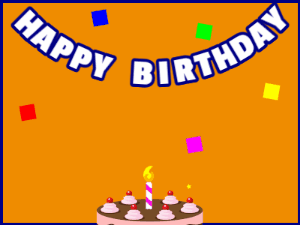 Happy Birthday GIF:A chocolate cake on orange with blue border & falling hearts