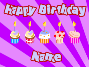 Happy Birthday GIF:Cupcakes for Birthday,purple sunburst background,light blue & red text