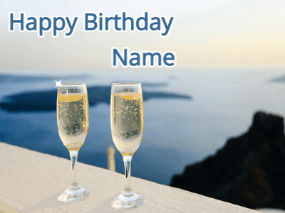 Birthday gif animations overlooking the sea with 2 glass of champagne, fireworks, and text to customize