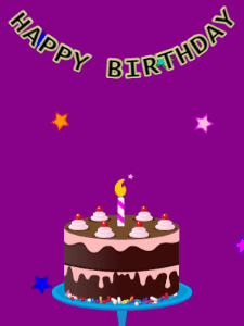 Happy Birthday GIF:Birthday GIF,chocolate cake,purple background,hearts & stars