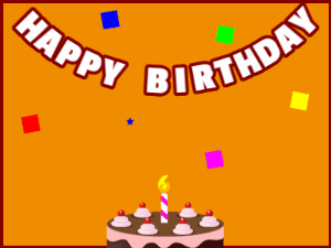 Happy Birthday GIF:A chocolate cake on orange with red border & falling hearts
