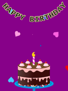 Happy Birthday GIF:Birthday GIF,chocolate cake,purple background,hearts & hearts