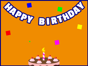 Happy Birthday GIF:A chocolate cake on orange with blue border & falling stars