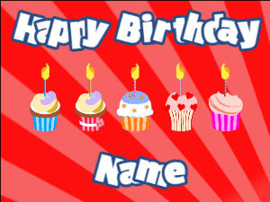 Happy Birthday GIF:Cupcakes for Birthday,red sunburst background,white & purple text