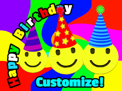 Animated Emoji Happy Birthday GIF, 3 emojis wearing birthday hats, animated with text you can customize with name.