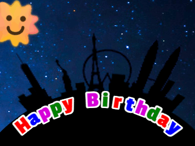 Happy birthday animated gif of a cute shooting star over a skyline dropping the birthday name that you can customize