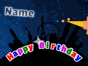 Shooting Star birthday gif over a nighttime cityscape