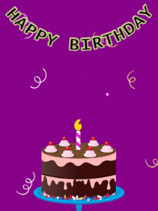 Happy Birthday GIF:Birthday GIF,chocolate cake,purple background,stars & confetti