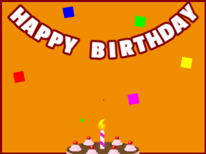 Happy Birthday GIF:A chocolate cake on orange with red border & falling stars