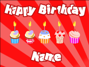 Happy Birthday GIF:Cupcakes for Birthday,red sunburst background,white & navy text
