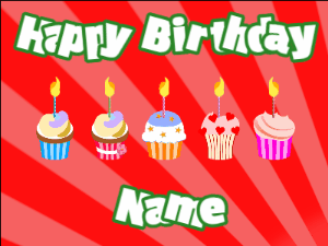 Happy Birthday GIF:Cupcakes for Birthday,red sunburst background,white & red text
