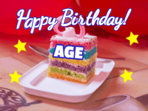 Happy Birthday GIF:Rainbow birthday cake with stars on red