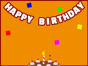 Happy Birthday GIF:A chocolate cake on orange with red border & falling squares
