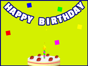 Happy Birthday GIF:A cream cake on green with blue border & falling hearts