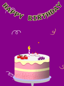 Happy Birthday GIF:Birthday GIF,fruity cake,purple background,hearts & confetti