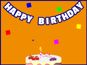 Happy Birthday GIF:A fruity cake on orange with blue border & falling hearts