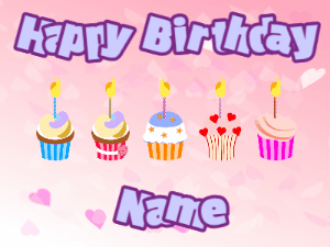 Happy Birthday GIF:Cupcakes for Birthday,pink hearts background,light blue & purple text