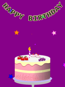 Happy Birthday GIF:Birthday GIF,fruity cake,purple background,hearts & stars