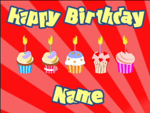 Happy Birthday GIF:Cupcakes for Birthday,red sunburst background,beige & navy text