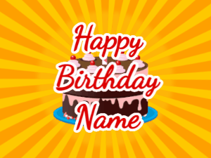 Happy Birthday GIF:yellow sunburst,chocolate cake, red text