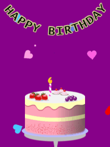 Happy Birthday GIF:Birthday GIF,fruity cake,purple background,hearts & hearts