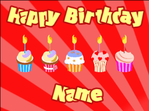 Happy Birthday GIF:Cupcakes for Birthday,red sunburst background,beige & red text