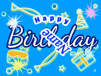 A blue happy birthday gif with birthday drawings, sparkles, and a name you can customize.