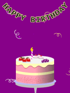 Happy Birthday GIF:Birthday GIF,fruity cake,purple background,stars & confetti