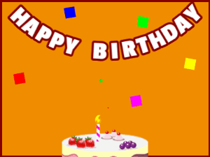 Happy Birthday GIF:A fruity cake on orange with red border & falling stars