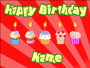 Happy Birthday GIF:Cupcakes for Birthday,red sunburst background,beige & green text