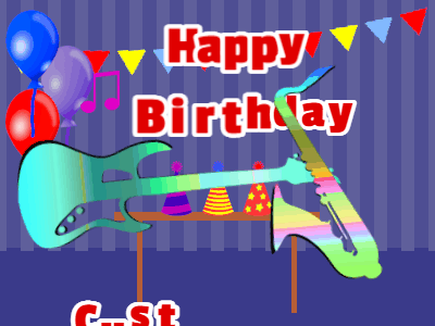 Musical animated birthday gif with a guitar and sax play notes at a birthday party. Customize the text.