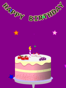 Happy Birthday GIF:Birthday GIF,fruity cake,purple background,stars & stars