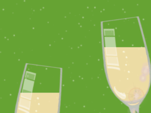 Happy Birthday GIF:Champagne stars confetti,cursive font,hearts texture,on green