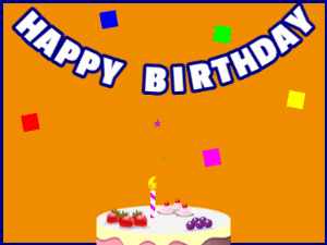 Happy Birthday GIF:A fruity cake on orange with blue border & falling squares
