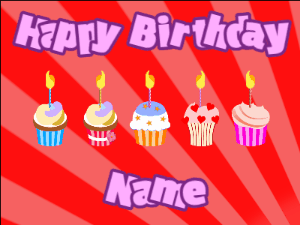 Happy Birthday GIF:Cupcakes for Birthday,red sunburst background,purple & purple text