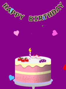 Happy Birthday GIF:Birthday GIF,fruity cake,purple background,stars & hearts