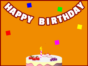 Happy Birthday GIF:A fruity cake on orange with red border & falling squares