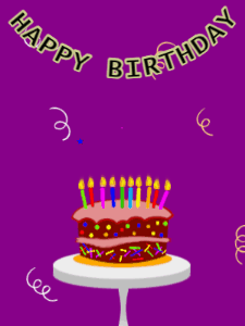 Happy Birthday GIF:Birthday GIF,cartoon cake,purple background,hearts & confetti