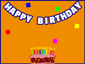 Happy Birthday GIF:A cartoon cake on orange with blue border & falling hearts