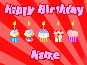 Happy Birthday GIF:Cupcakes for Birthday,red sunburst background,purple & red text