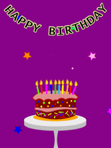 Happy Birthday GIF:Birthday GIF,cartoon cake,purple background,hearts & stars